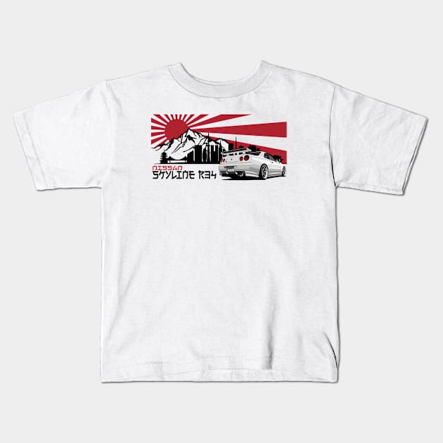 Nissan Skyline r34 GTR White, JDM Car Kids T-Shirt by T-JD